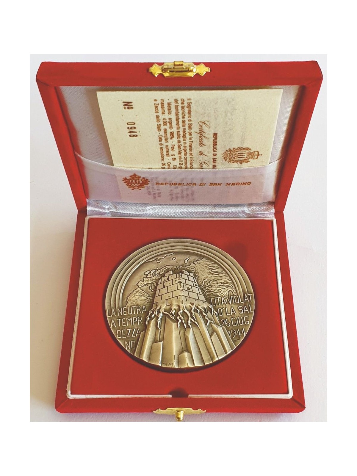 SAN MARINO 1994 Official silver medal of the 50th Anniversary of the bombing of San Marino