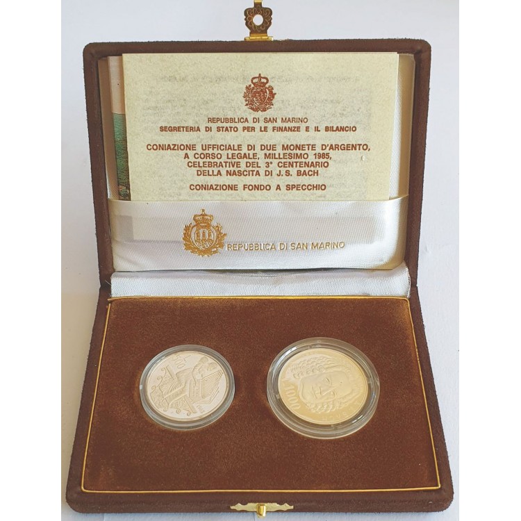 SAN MARINO 1985 Dittico Johann Sebastian Bach, 2 Monete in Argento Proof