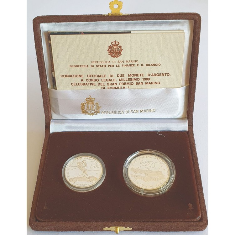 SAN MARINO 1989 Formula 1 Grand Prix Diptych, 2 Proof Silver Coins
