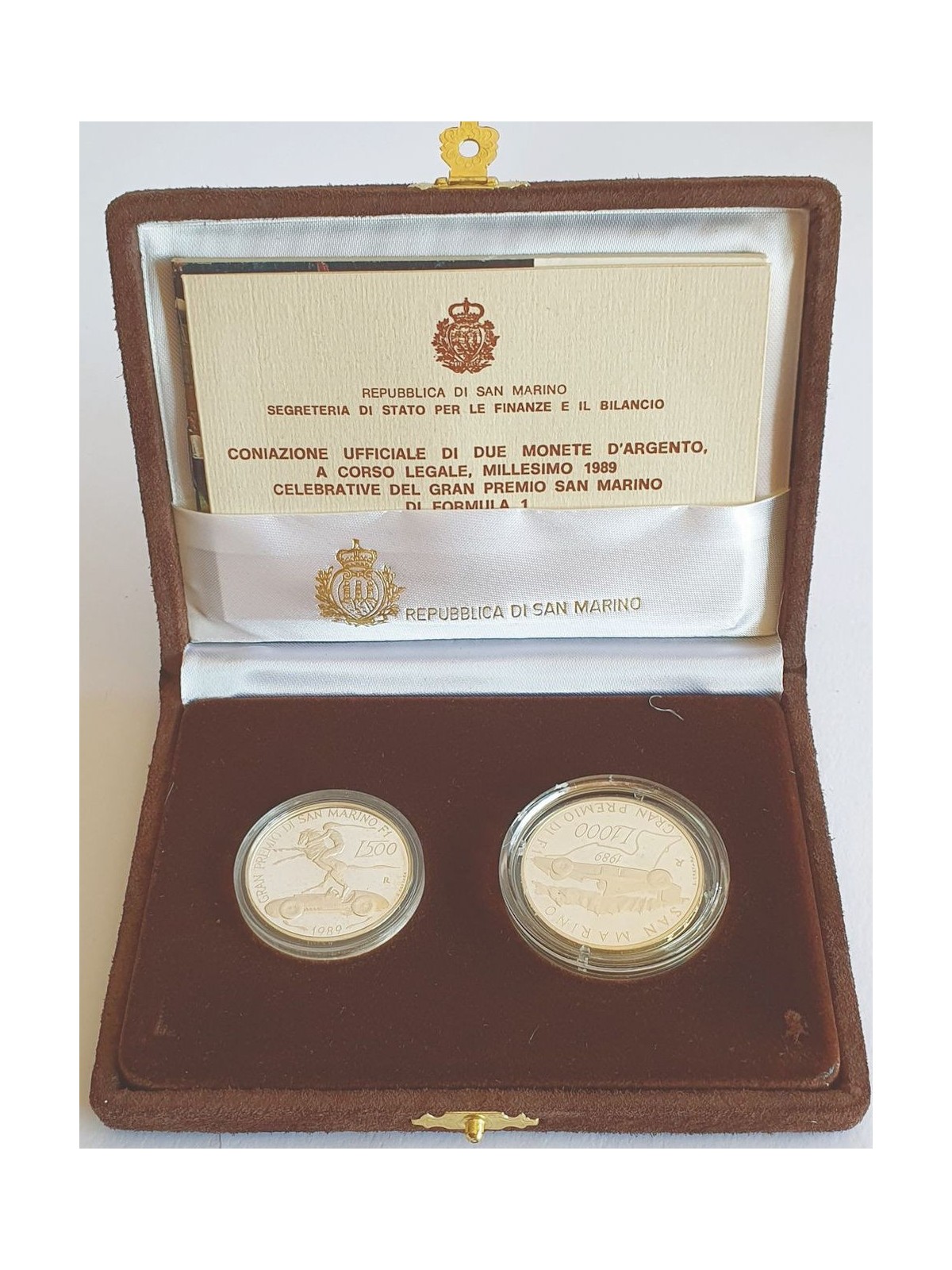 SAN MARINO 1989 Formula 1 Grand Prix Diptych, 2 Proof Silver Coins