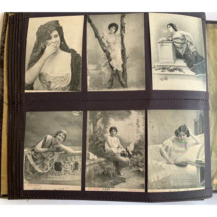Postcard album with various subjects (women, children, mothers-in-law, lovers)