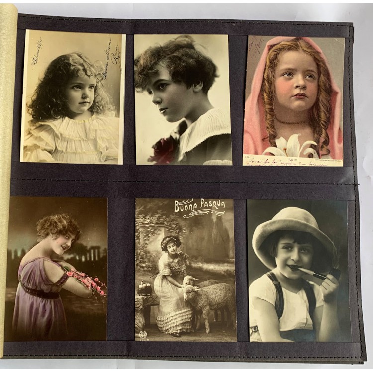 Postcard album with various subjects (women, children, mothers-in-law, lovers)