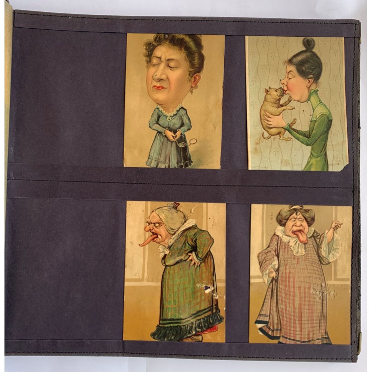 Postcard album with various subjects (women, children, mothers-in-law, lovers)
