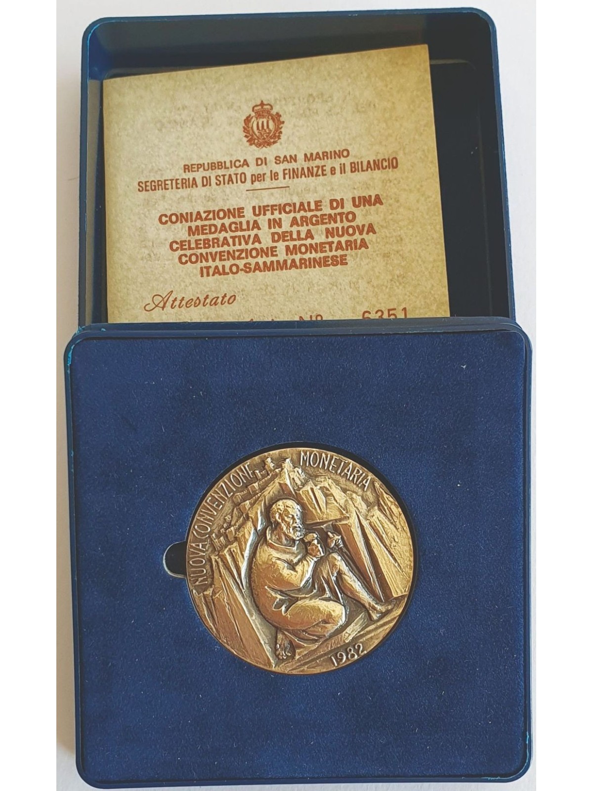 SAN MARINO 1982 Silver medal of the new Italo-San Marino monetary agreement