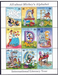 TANZANIA 1990 Disney (Year of Literacy II) 9v MNH**