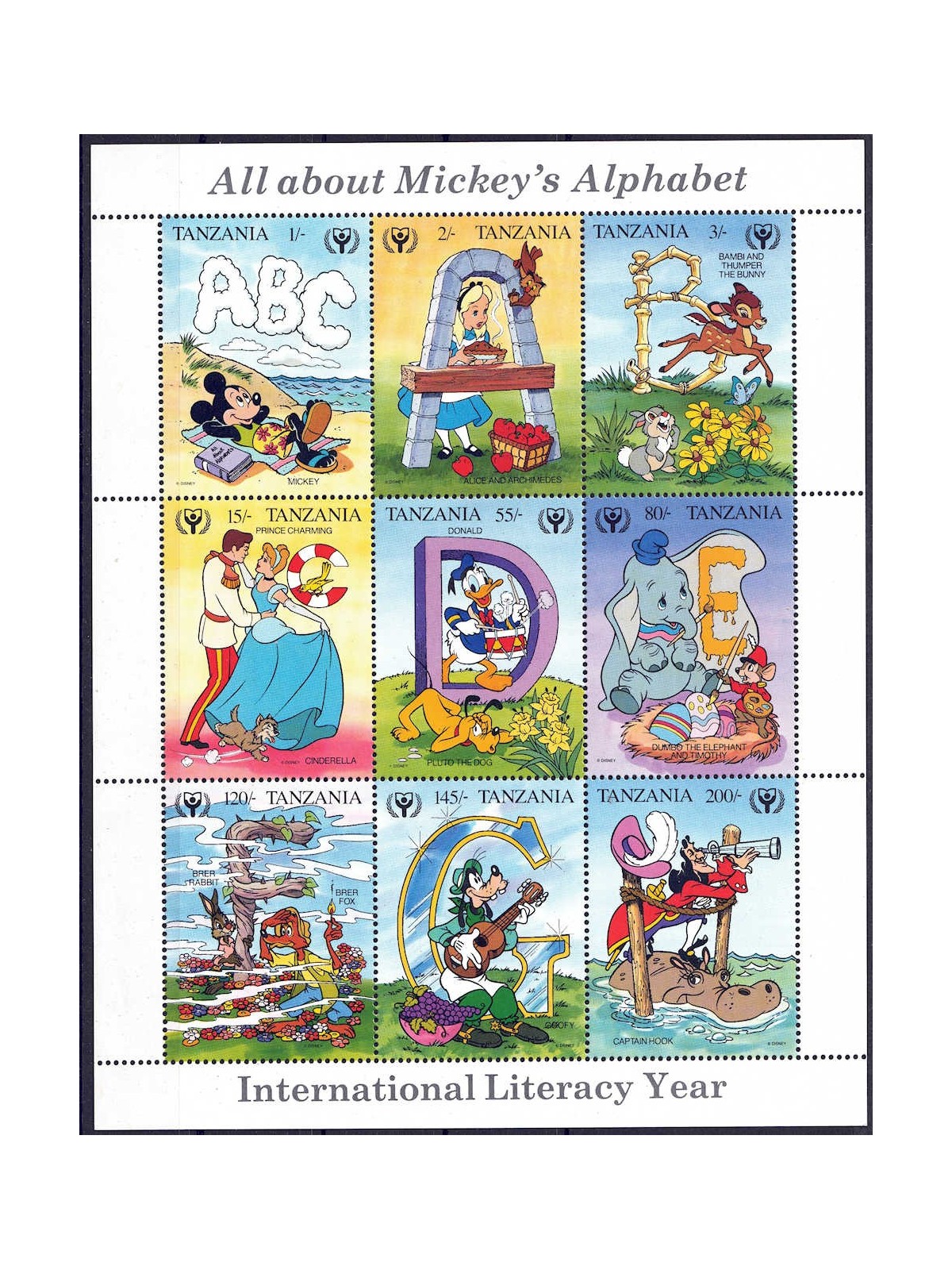 TANZANIA 1990 Disney (Anno dell'alfabetismo II) 9v MNH**