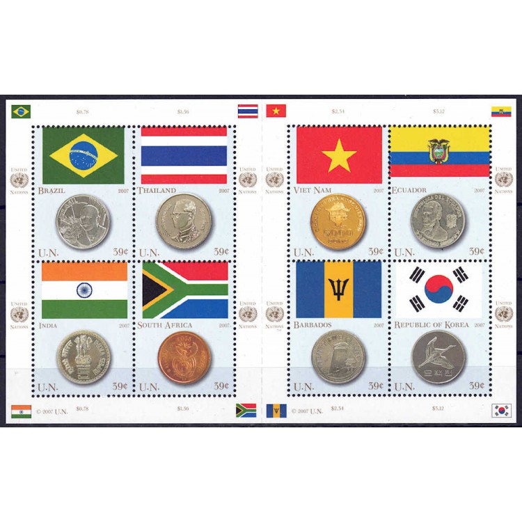 UN NEW YORK 2007 Flags and coins (2nd series) s/s MNH**