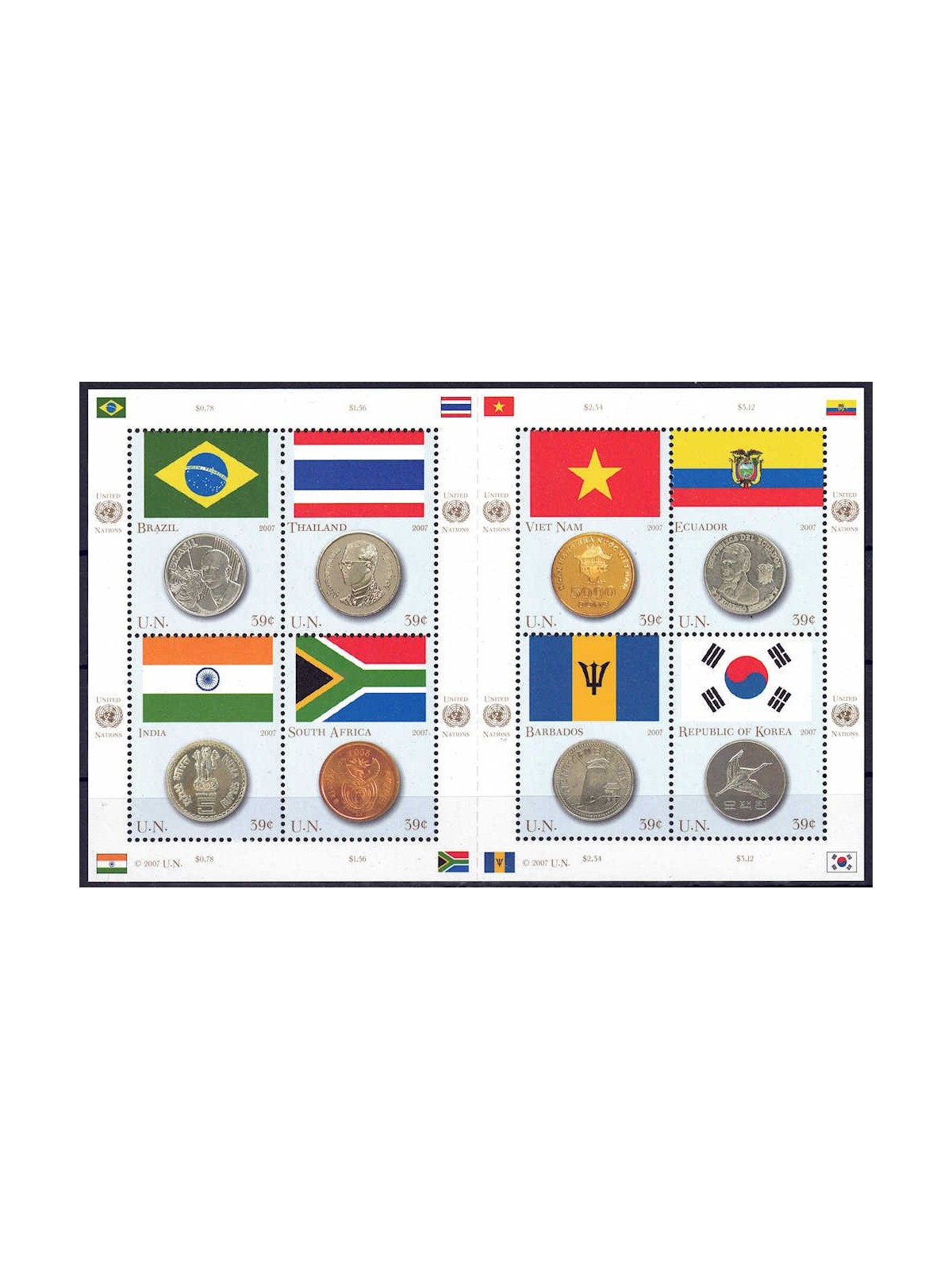UN NEW YORK 2007 Flags and coins (2nd series) s/s MNH**