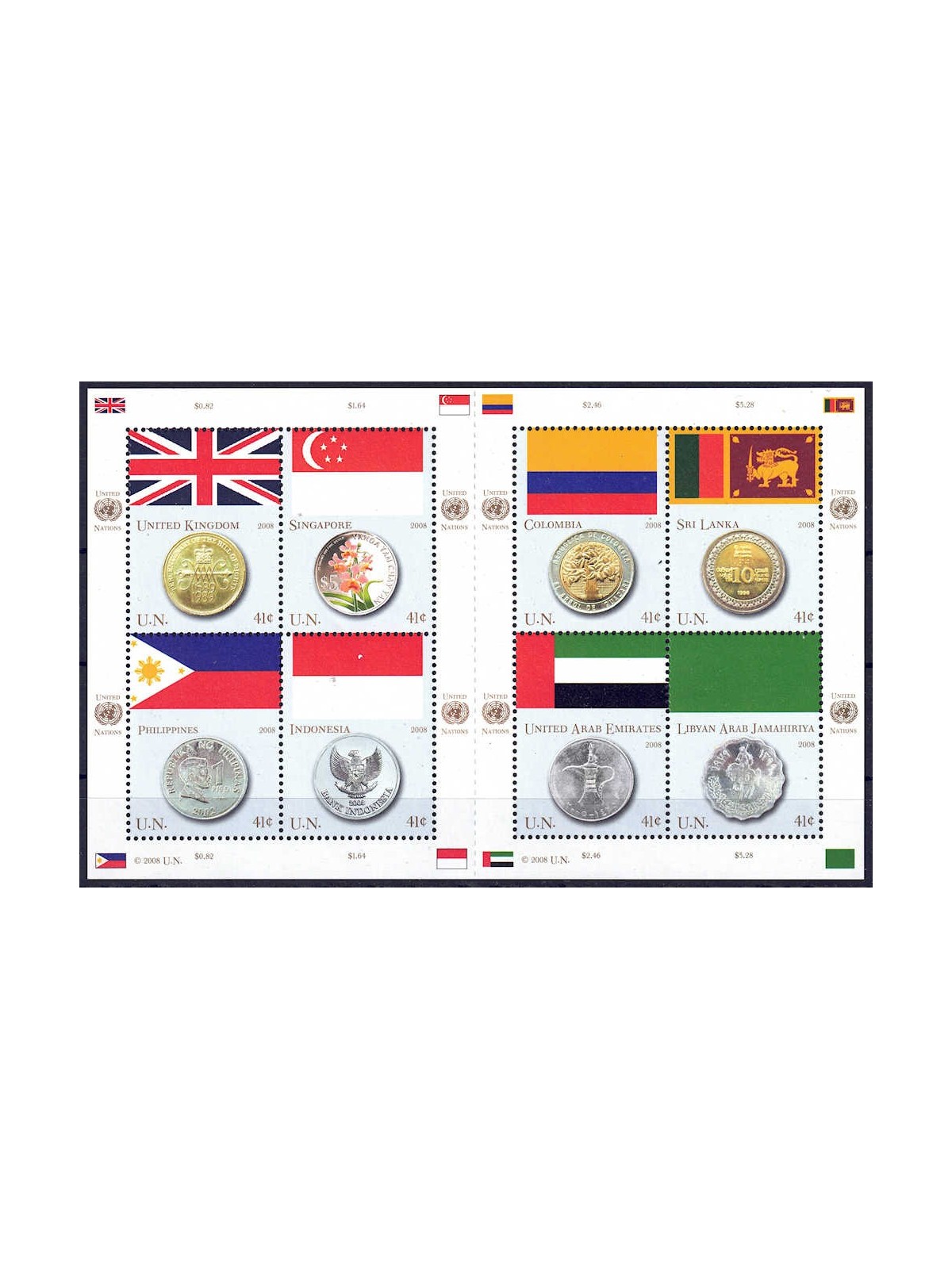 ONU NEW YORK 2008 Bandiere e monete (3ª serie) BF MNH**
