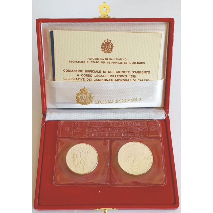 SAN MARINO 1990 FIFA World Cup Diptych, 2 Silver Coins UNC