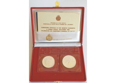 SAN MARINO 1990 Dittico del Campionato mondiale di calcio, 2 Monete in Argento FDC