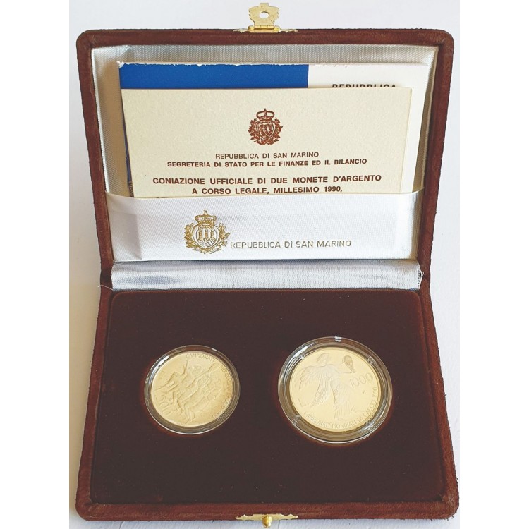SAN MARINO 1990 Diptych of the Football World Cup, 2 Silver Proof Coins