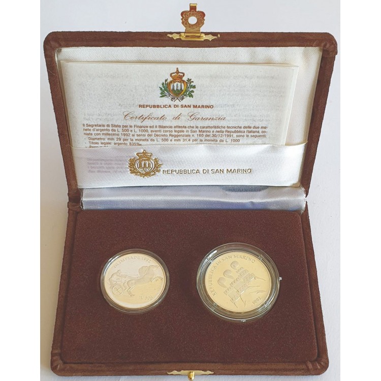 SAN MARINO 1992 Dittico della XXV Olimpiade, 2 Monete in Argento Fondo Specchio