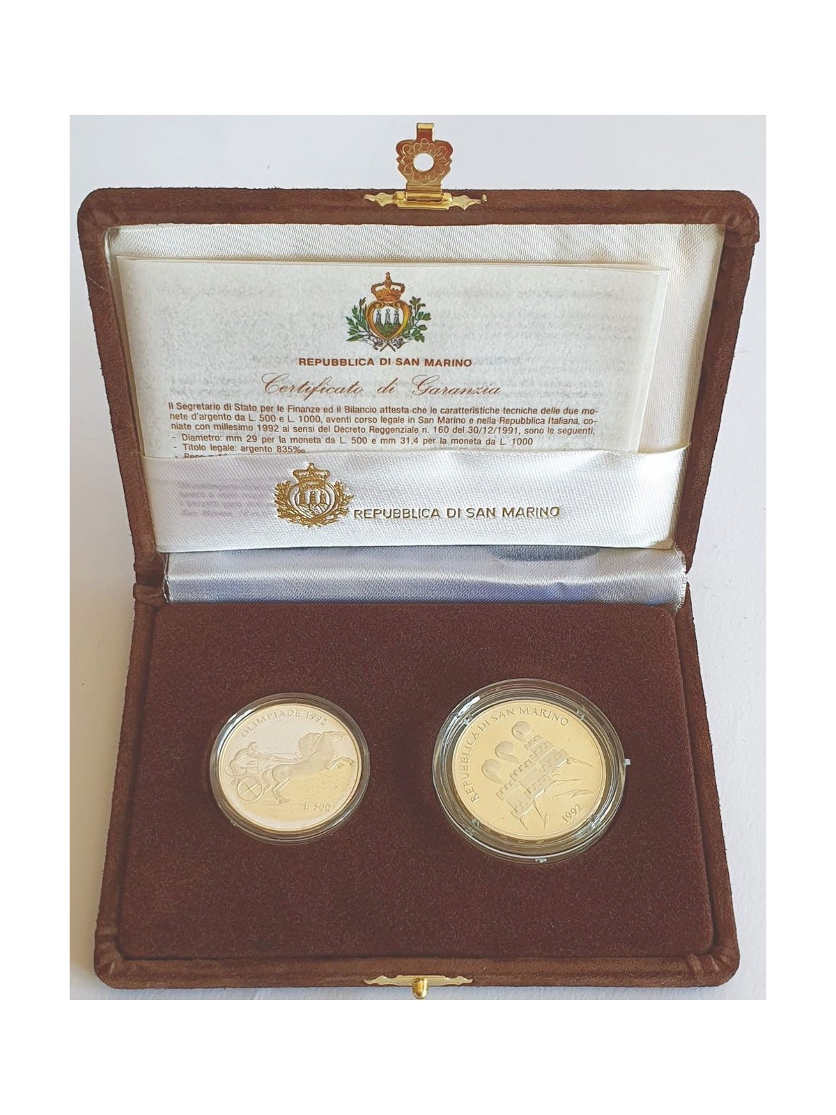 SAN MARINO 1992 Dittico della XXV Olimpiade, 2 Monete in Argento Fondo Specchio