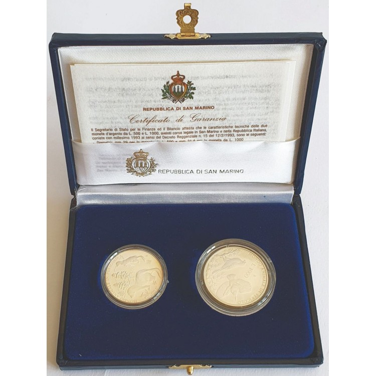 SAN MARINO 1993 Diptych Animal World in Danger, Silver Coins Proof