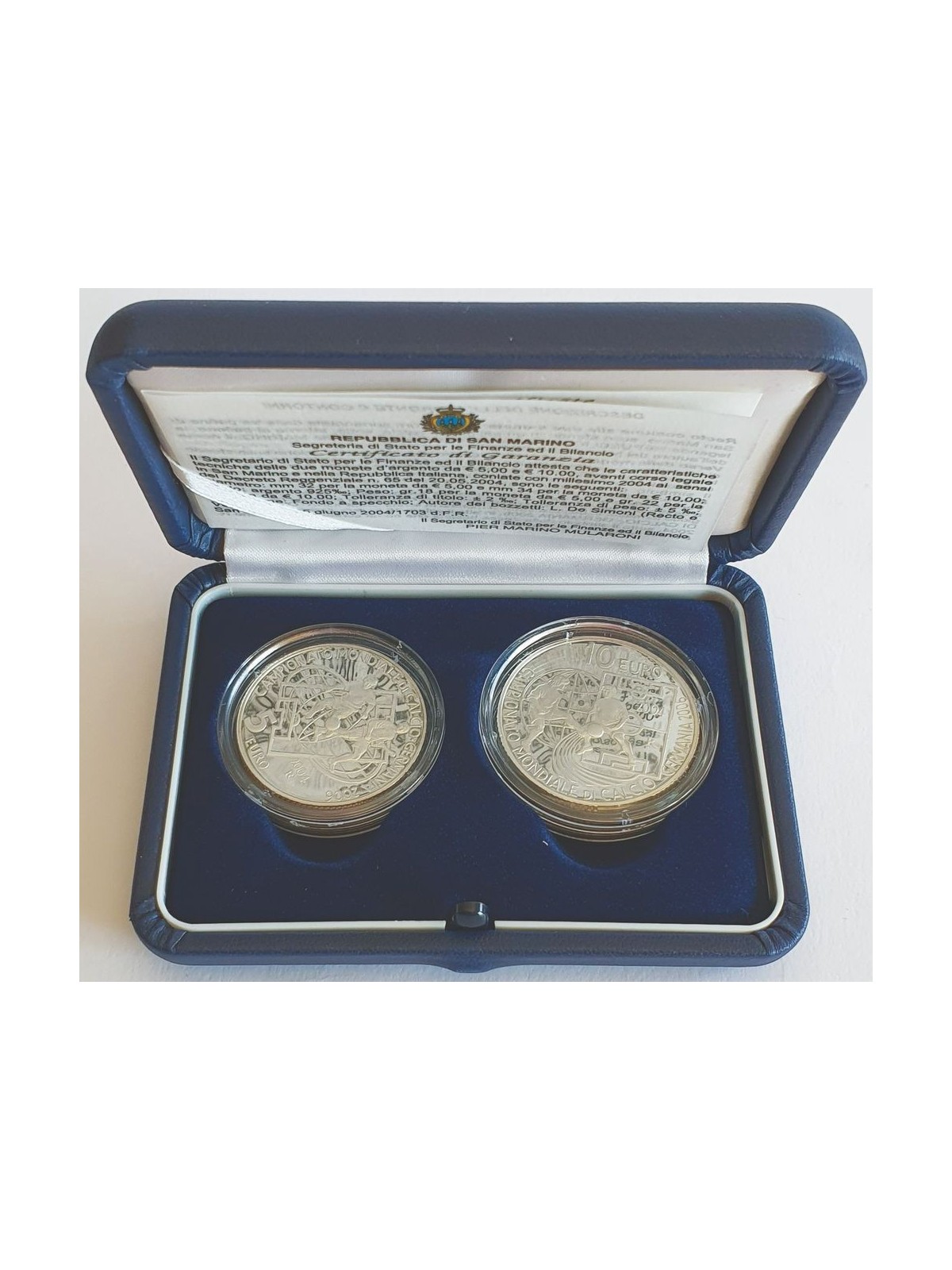 SAN MARINO 2004 Campionato mondiale di calcio 5€ e 10€ Monete in Argento Fondo Specchio