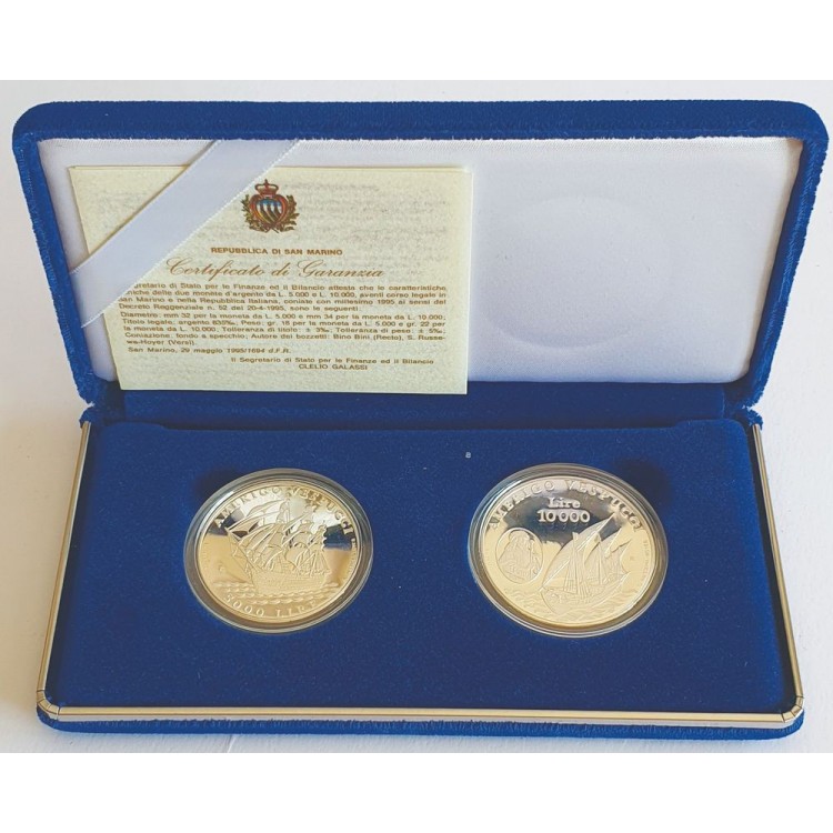 SAN MARINO 1995 Diptych of Amerigo Vespucci Commemorative Coins, L. 5,000 and L. 10,000 Silver Coins Proof