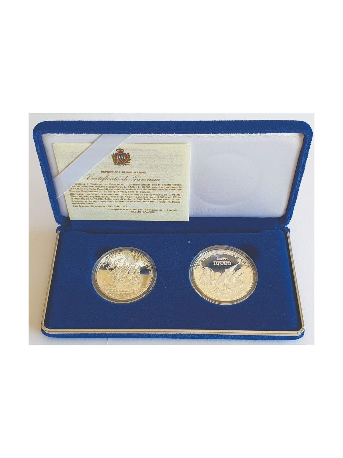SAN MARINO 1995 Dittico di monete Celebrative Amerigo Vespucci,L. 5.000 e L. 10.000 Monete in Argento Fondo Specchio