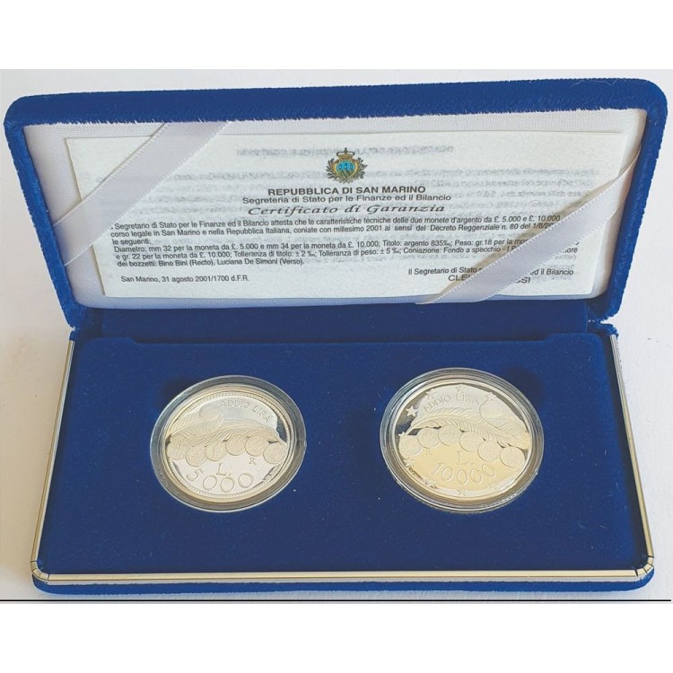 SAN MARINO 2001 Commemorative silver coin set Farewell to the Lira 5,000 and 10,000 Proof