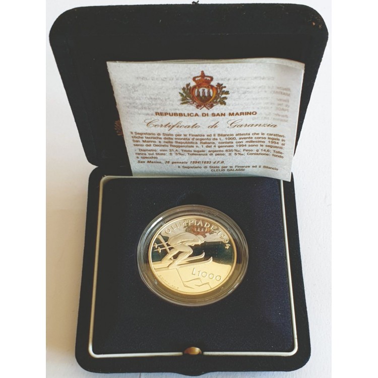 SAN MARINO 1994 Moneta delle Olimpiadi invernali di Lillehammer in Argento Proof