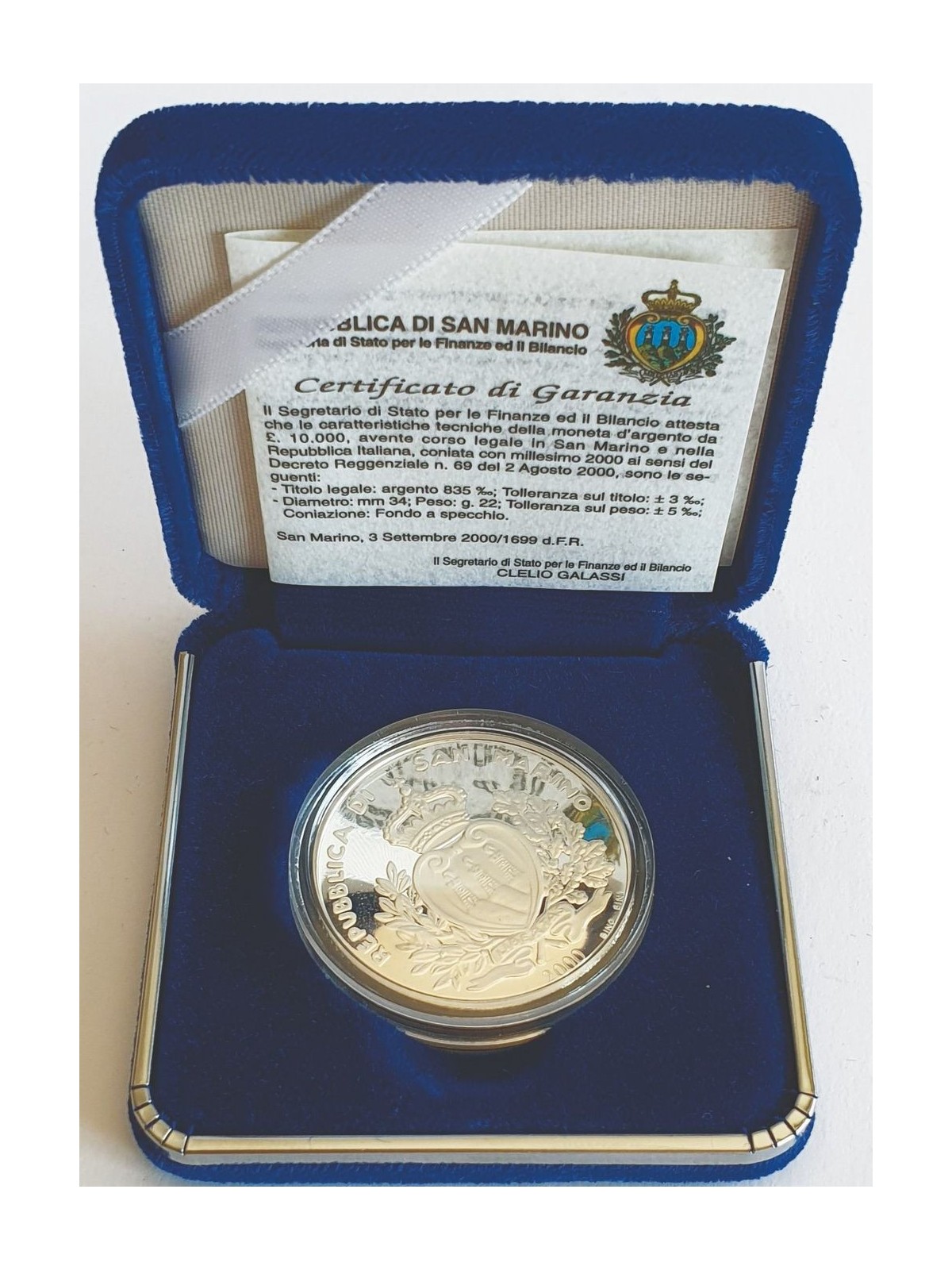 SAN MARINO 2000 Proof Silver Coin of the 1700th Anniversary of the Foundation of the Republic