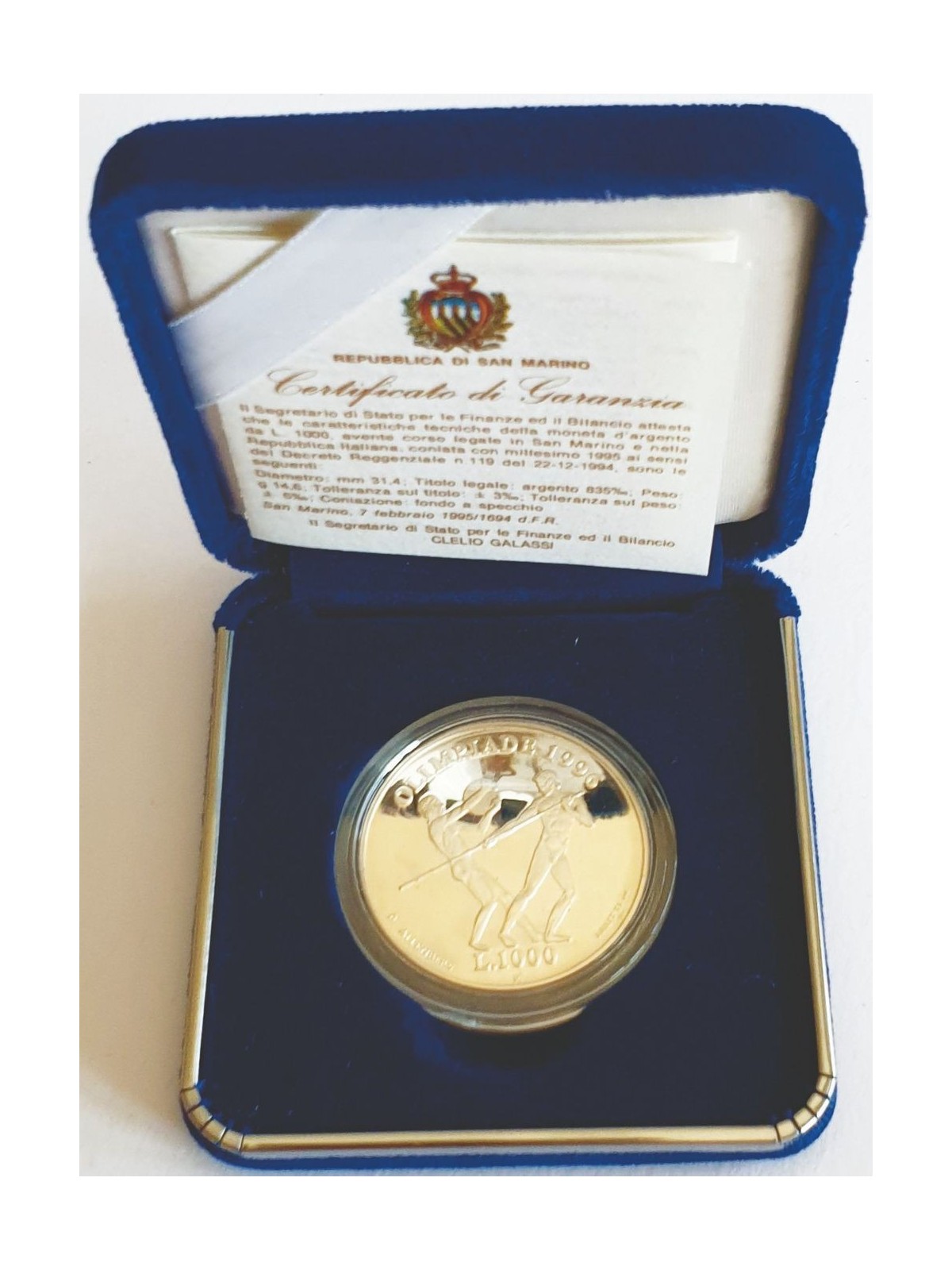 SAN MARINO 1995 Moneta in argento della XXVI Olimpiade Fondo Specchio
