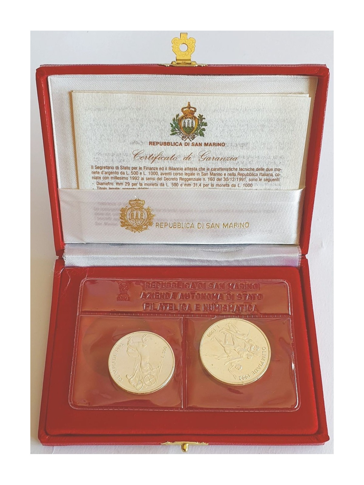 SAN MARINO 1992 Diptych of silver coins commemorating the XXV Olympiad