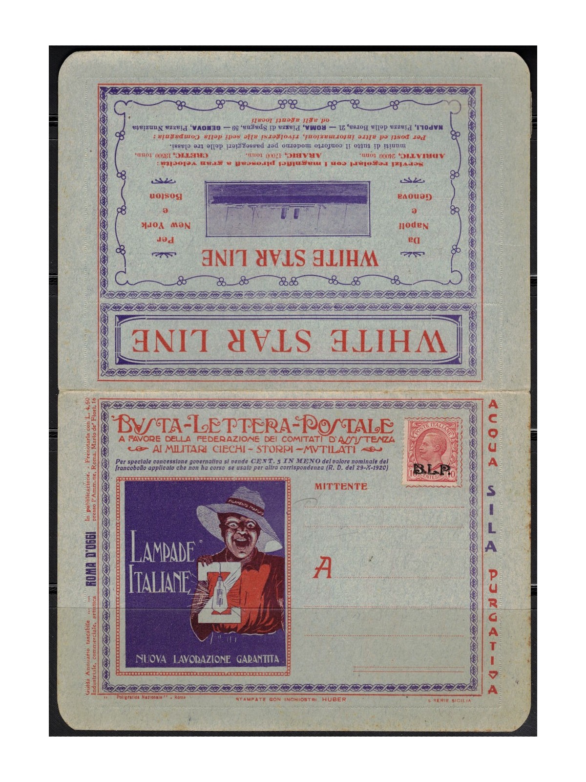 ITALY KINGDOM 1922-23 BLP Postal Letter Envelope Michetti 10c with advertising sheet and stamp of the Carbona representative com