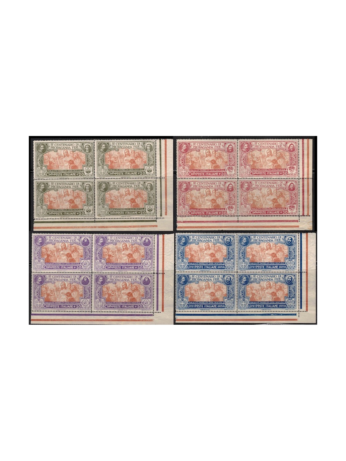 ITALY KINGDOM 1923 Propaganda Fide 4v MNH in block of four, lower right corner of sheet. Watermark letters on the 50c values and