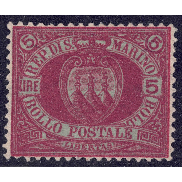 SAN MARINO 1892-94 5£ carminio su verde azzurro MH*
