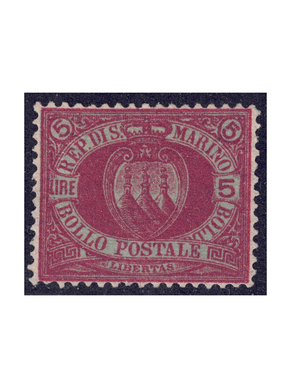 SAN MARINO 1892-94 5£ carmine on blue green MH*