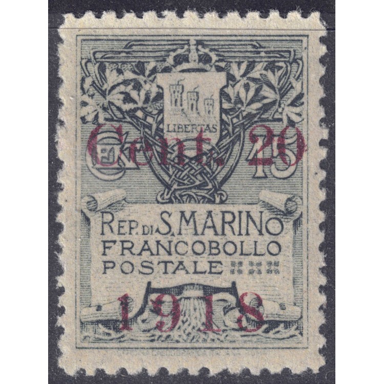 SAN MARINO 1918 20c su 15c ardesia MNH**
