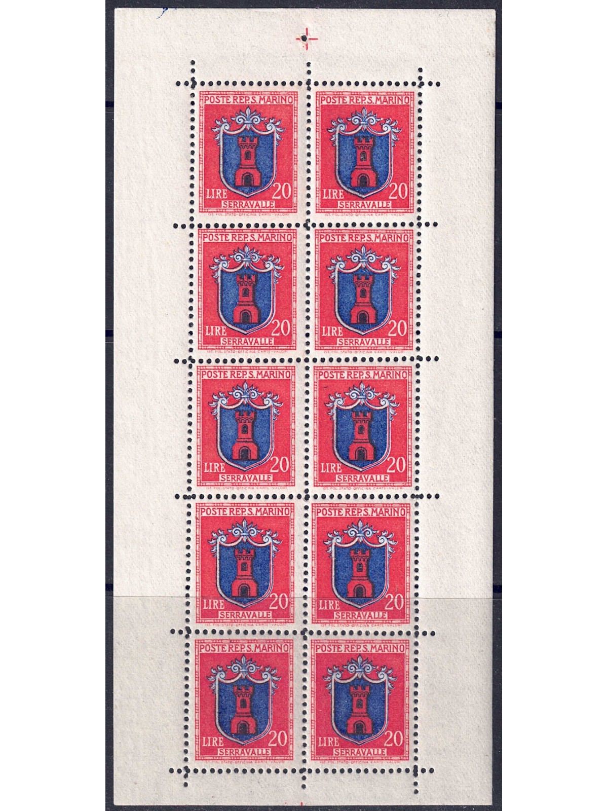 SAN MARINO 1945 Coats of Arms of the Castles (20£ Carmine) s/s MNH**