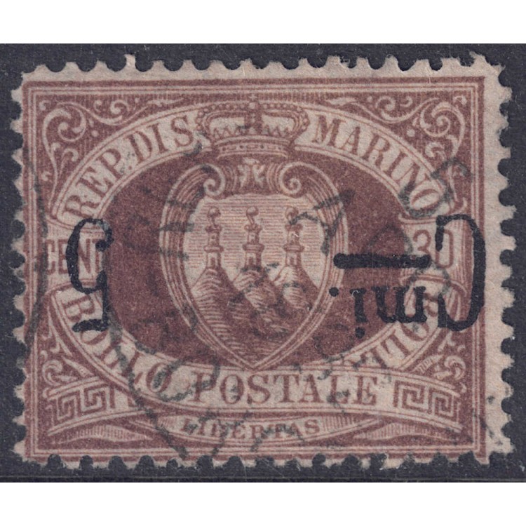 SAN MARINO 1892 Varietà 5c su 30c bruno (soprast. capovolta) us