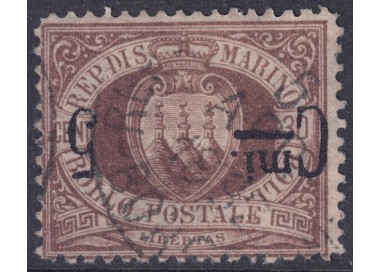SAN MARINO 1892 Varietà 5c su 30c bruno (soprast. capovolta) us