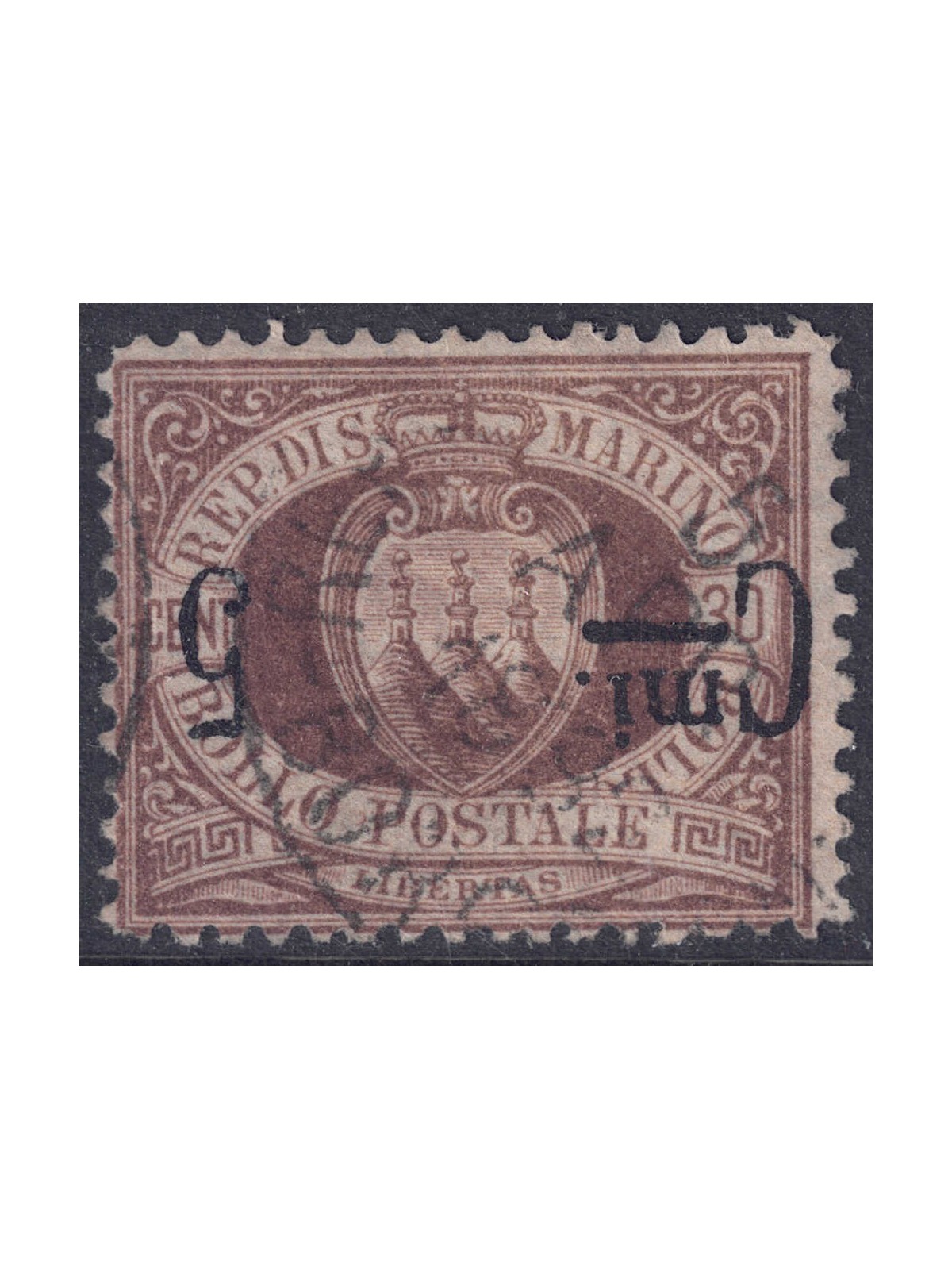 SAN MARINO 1892 Varietà 5c su 30c bruno (soprast. capovolta) us