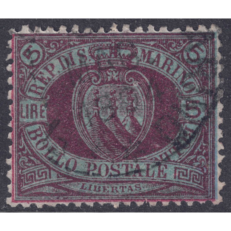 SAN MARINO 1892-94 5£ carmine on blue green us