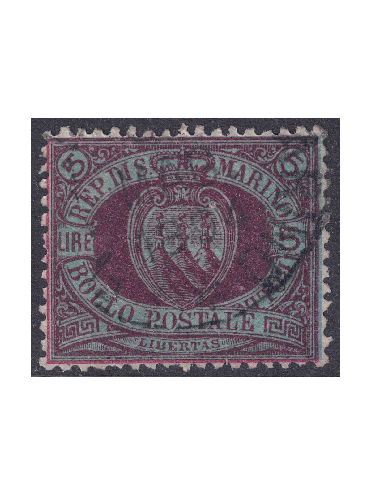 SAN MARINO 1892-94 5£ carmine on blue green us