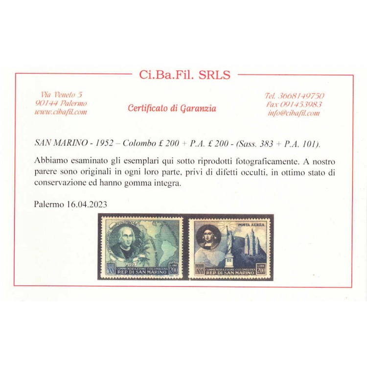 SAN MARINO 1952 Cristoforo Colombo 13v MNH** ©