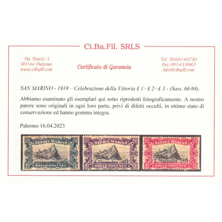 SAN MARINO 1918 Commemorativi della Vittoria 6v MNH** ©