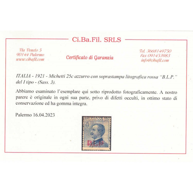 ITALIA REGNO 1920-23 BLP 25c azzurro MNH** ©