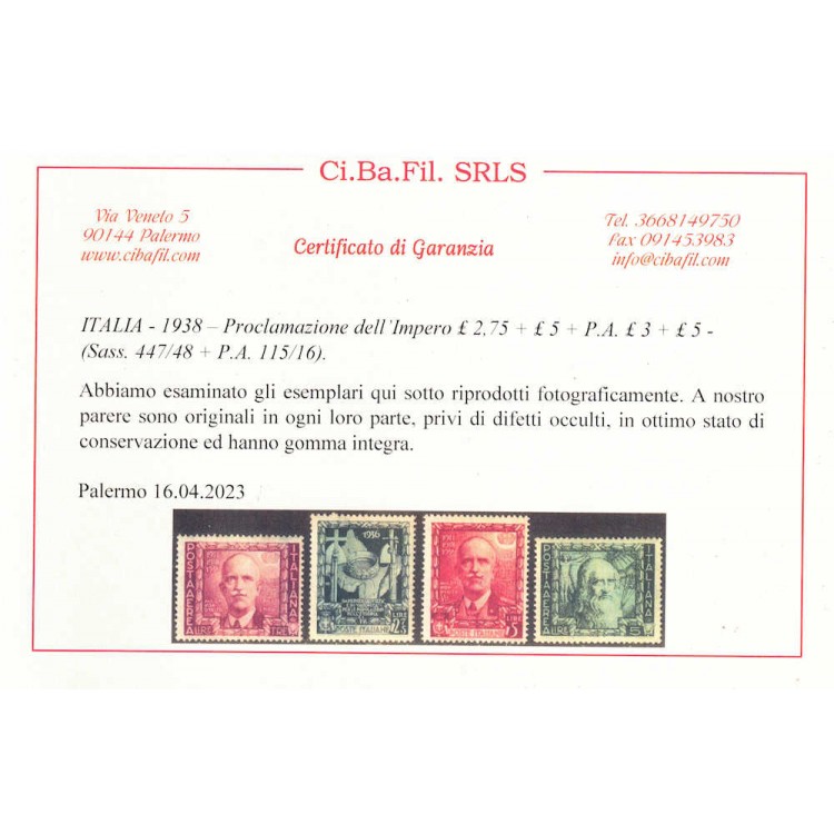 ITALIA REGNO 1938 Proclamazione dell'impero 16v MNH** ©