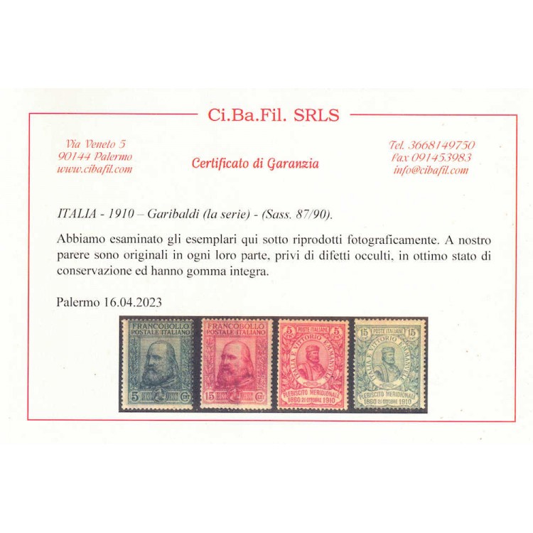 ITALIA REGNO 1910 Garibaldi, Risorgimento e Plebiscito 4v MNH** ©