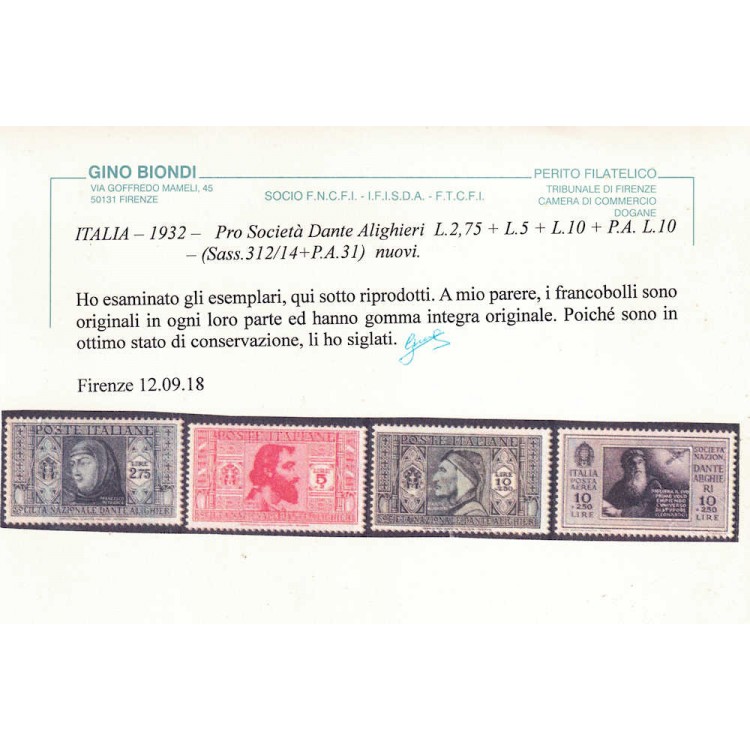 ITALIA REGNO 1932 Dante Alighieri 18v MNH** ©