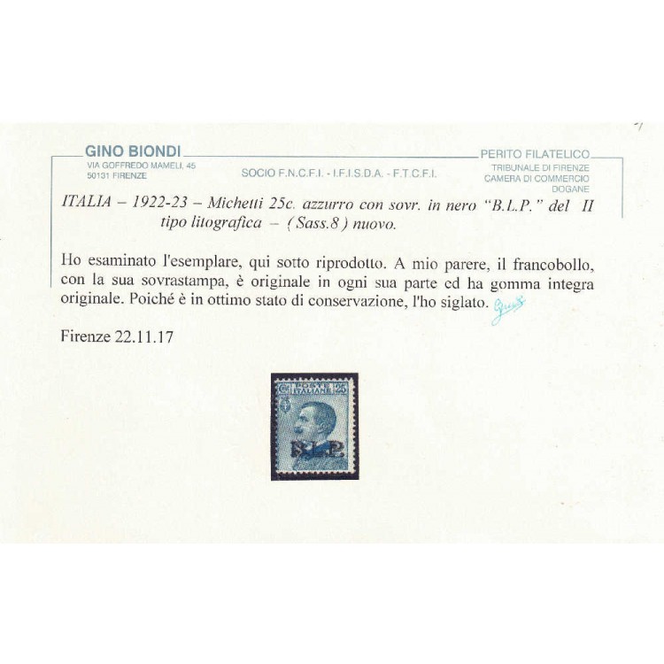 ITALIA REGNO 1922-23 BLP 25c azzurro MNH** ©
