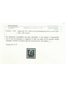 ITALIA RSI 1944 25c verde con fascio in rosso MNH** ©