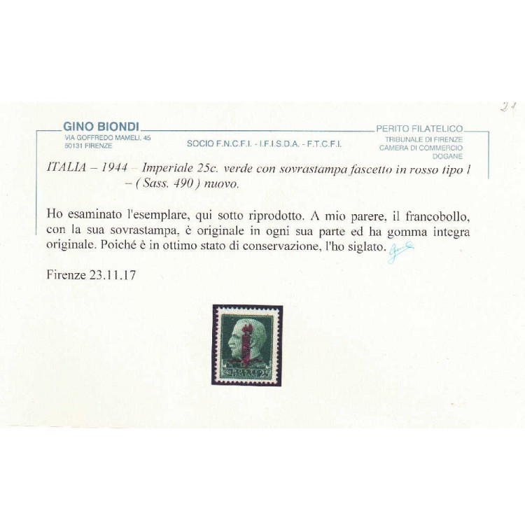 ITALIA RSI 1944 25c verde con fascio in rosso MNH** ©