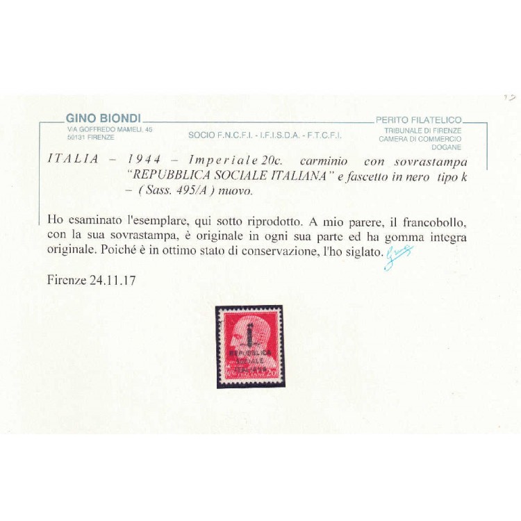 ITALIA RSI 1944 Imperiale 20c rosa carminio MNH** ©