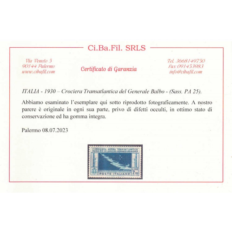ITALIA REGNO 1930 Crociera transatlantica MNH** ©
