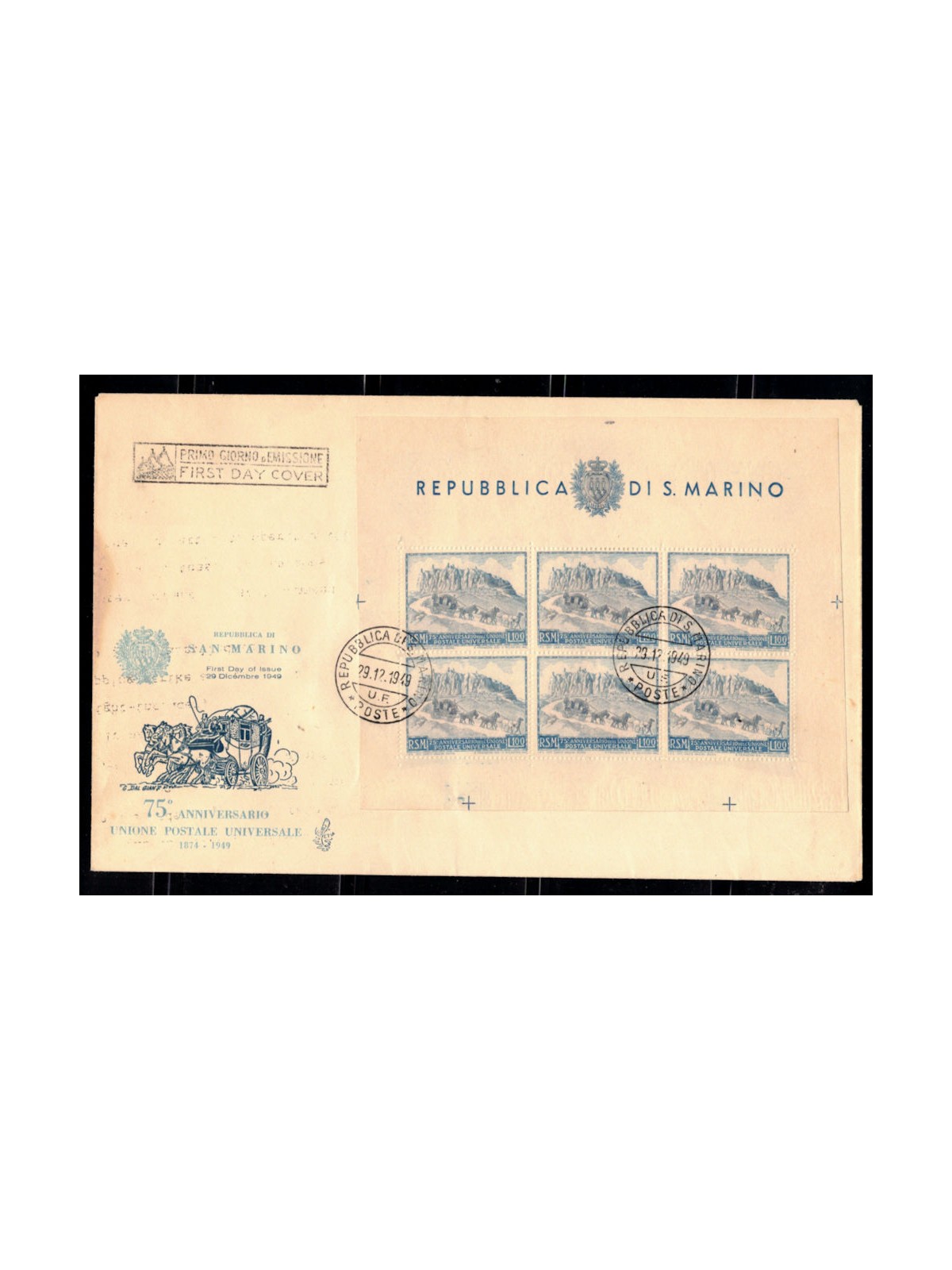 SAN MARINO 1949 FDC Venetia with s/s UPU